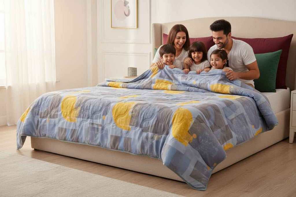 Blue Grey & Yellow Geometric Double Bed Comforter | Modern Quilted