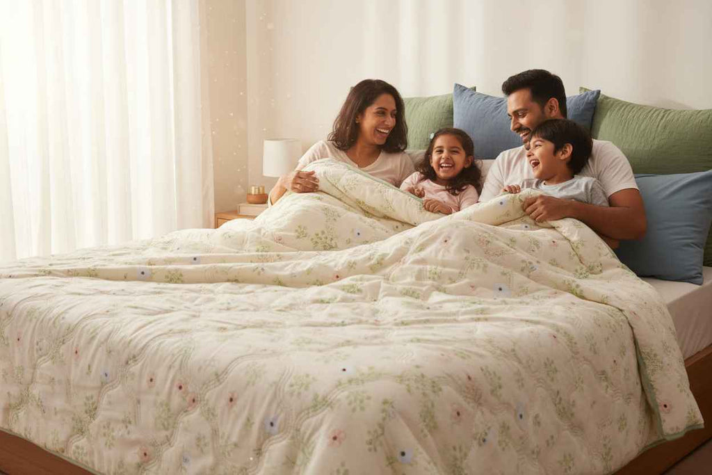 White Botanical Double Bed Comforter | Floral Summer Quilted Bedding
