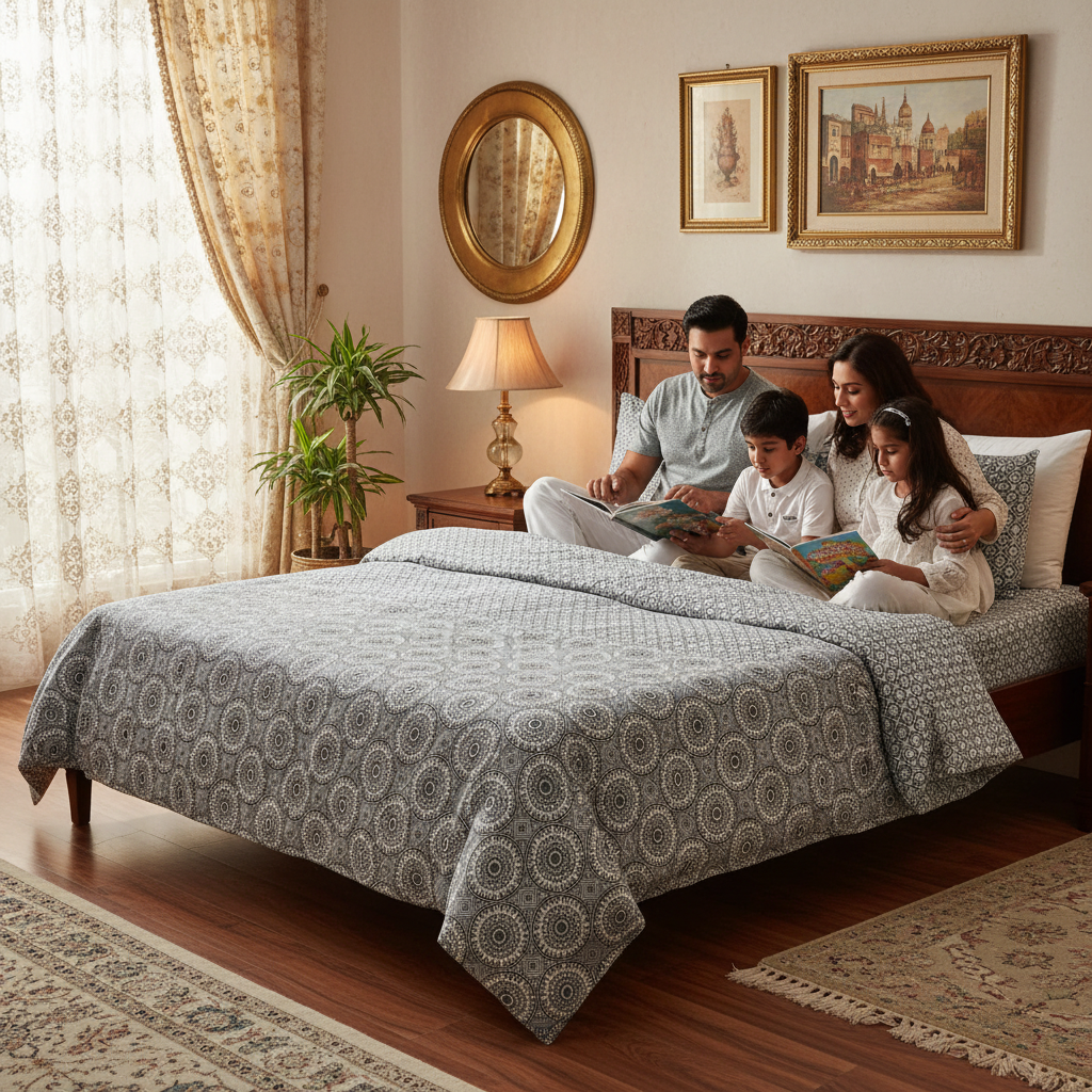 100% Pure Cotton King Size Bedsheet Set | Grey White Mandala Geometric Pattern | 108x108 Inches