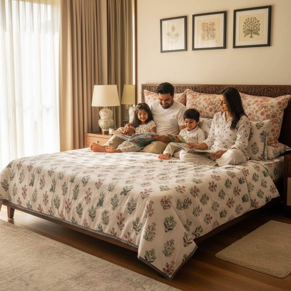 Summer Dohar Double Bed | Pink Teal Floral Bell Pattern 100% Cotton