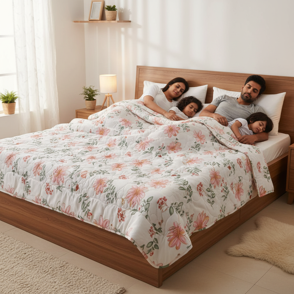 Summer Comforter Premium Pink Floral Double Bed  | Lightweight Quilted Bedding