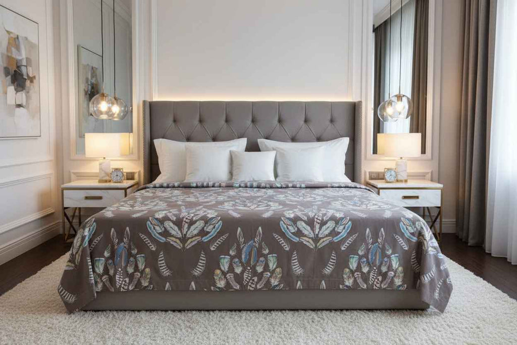 Feather Print Bedsheet Set — Taupe & Multicolour