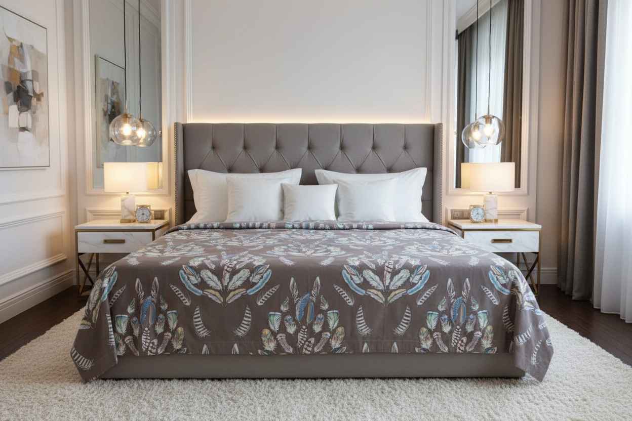 Feather Print Bedsheet Set — Taupe & Multicolour
