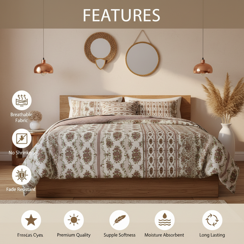 100% Pure Cotton King Size Bedsheet Set | Brown Green Floral Rose Stripe Pattern | 108x108 Inches