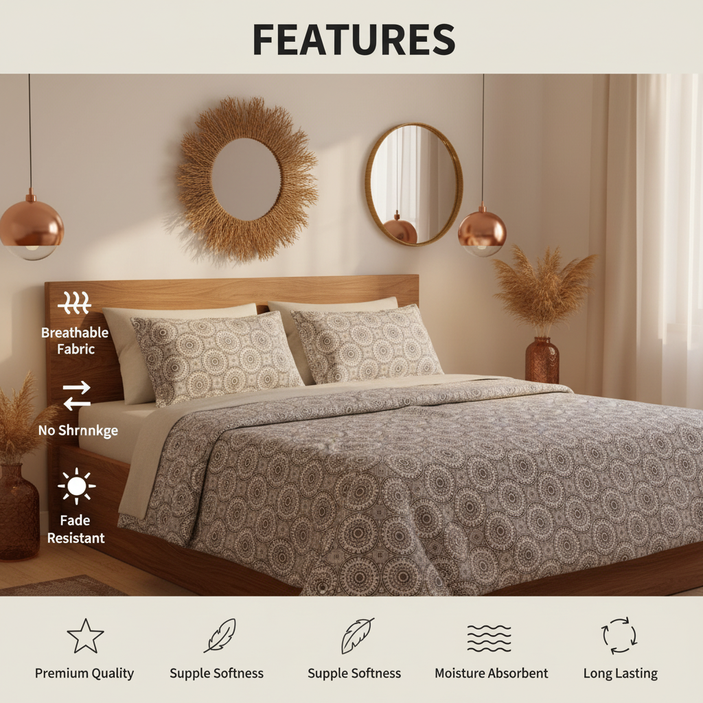 100% Pure Cotton King Size Bedsheet Set | Grey White Mandala Geometric Pattern | 108x108 Inches