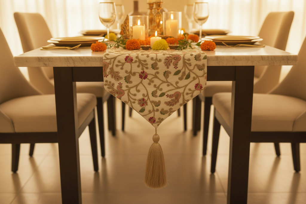 Embroidered Floral Table Runner with Tassel Ends