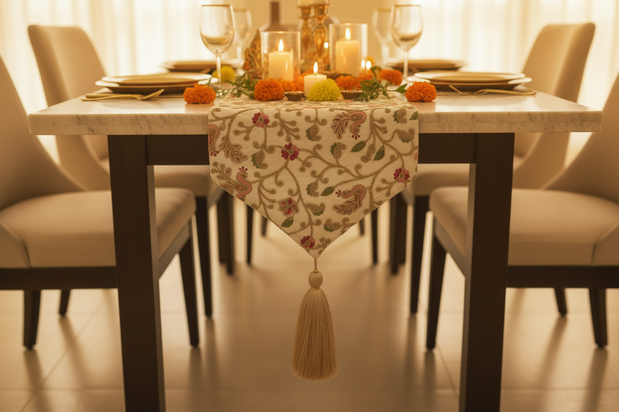 Embroidered Floral Table Runner with Tassel Ends