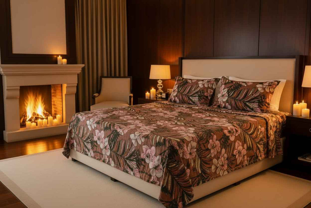 Tropical Orchid Floral Bedsheet Set — Chocolate Brown & Blush