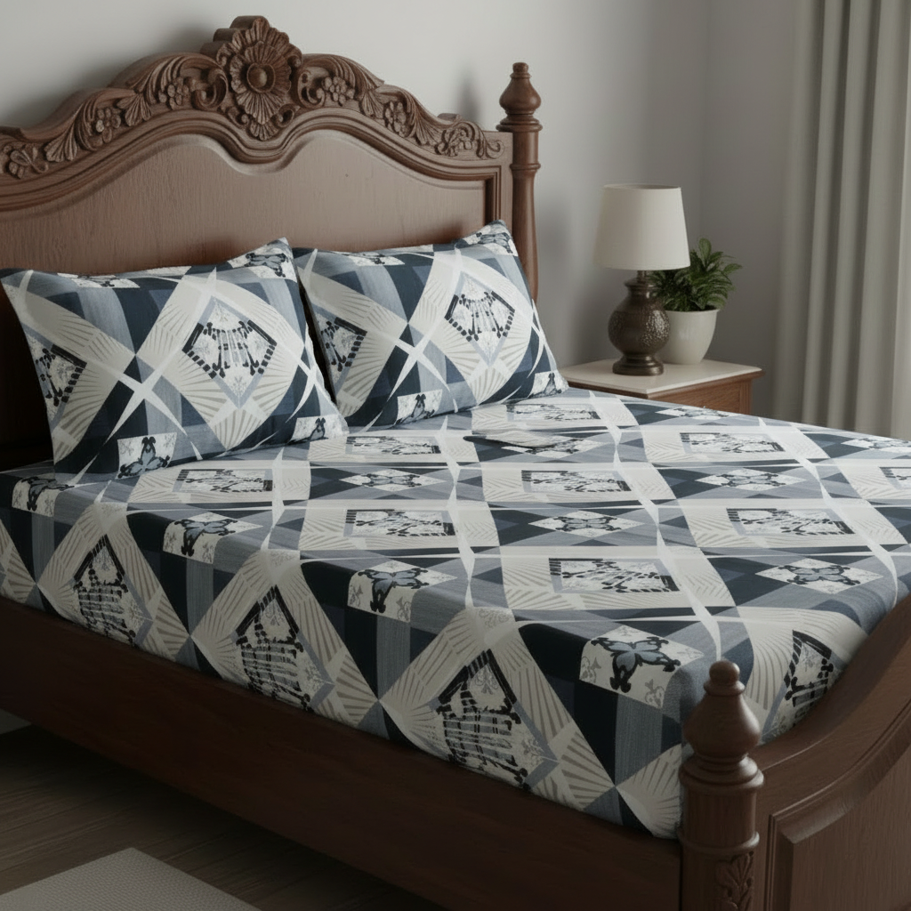 Fitted Elastic Bedsheet Set with 2 Pillow Covers - Geometric Black White Grey Queen Size