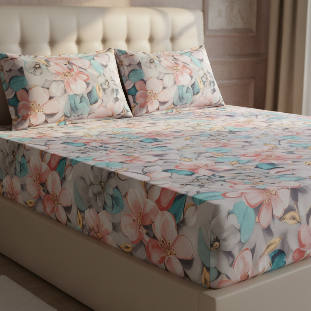 Fitted Elastic Bedsheet Set with 2 Pillow Covers - Premium Pastel Floral Queen Size
