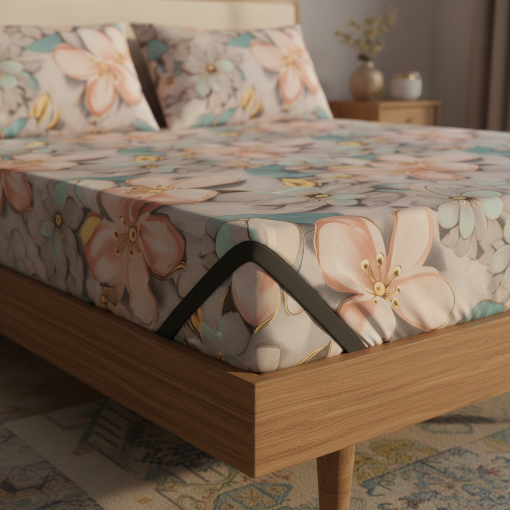 Fitted Elastic Bedsheet Set with 2 Pillow Covers - Premium Pastel Floral Queen Size