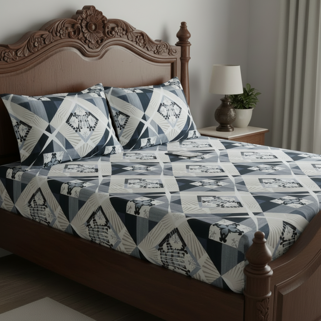 Fitted Elastic Bedsheet Set with 2 Pillow Covers - Geometric Black White Grey Queen Size