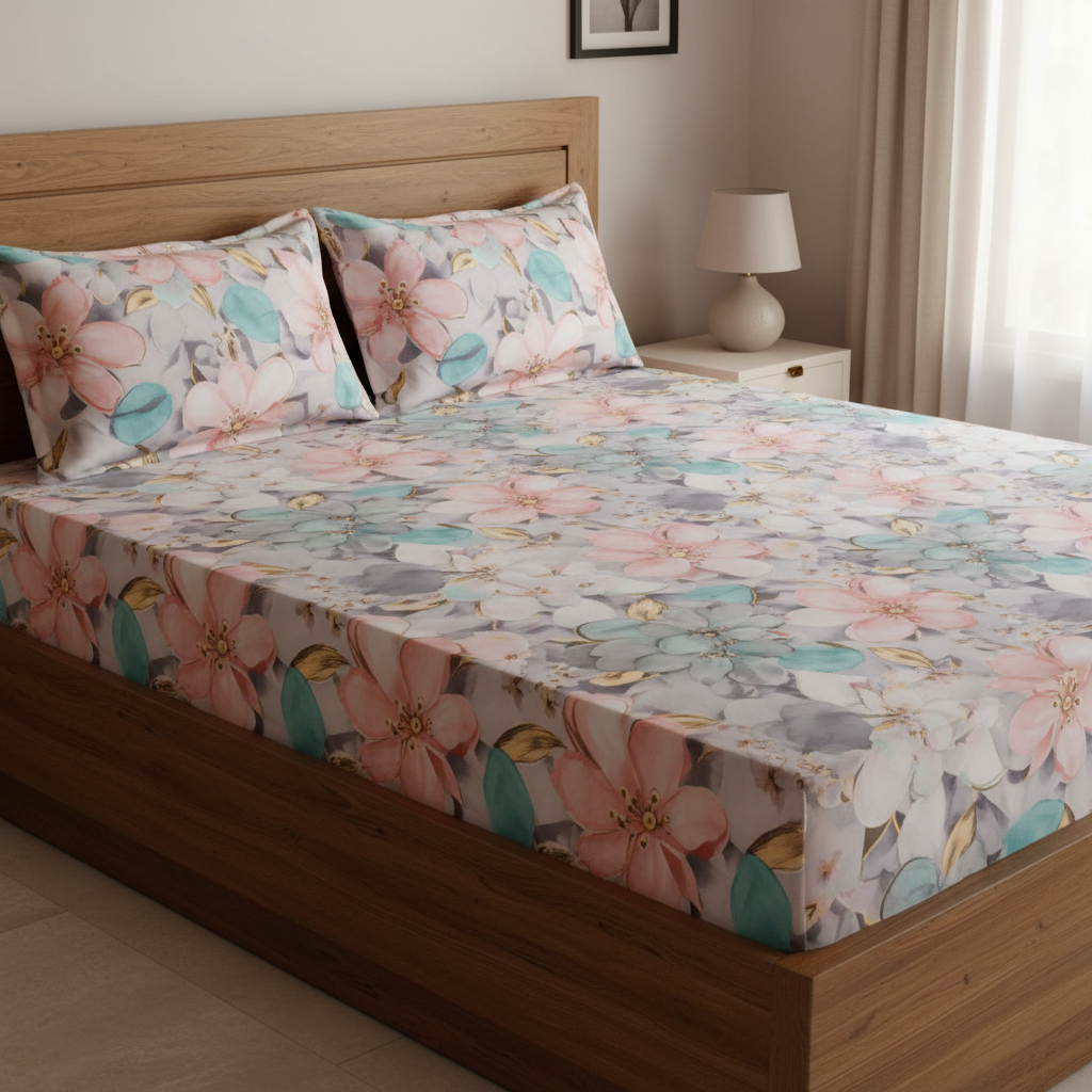 Fitted Elastic Bedsheet Set with 2 Pillow Covers - Premium Pastel Floral Queen Size