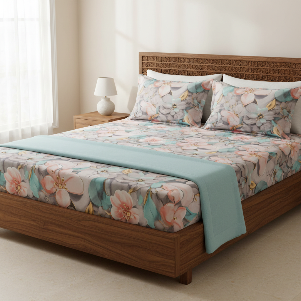 Fitted Elastic Bedsheet Set with 2 Pillow Covers - Premium Pastel Floral Queen Size