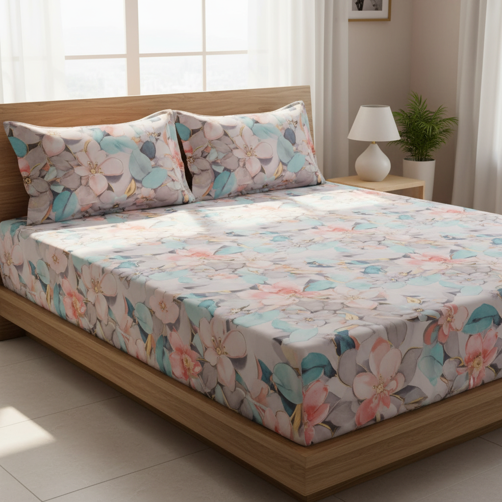 Fitted Elastic Bedsheet Set with 2 Pillow Covers - Premium Pastel Floral Queen Size