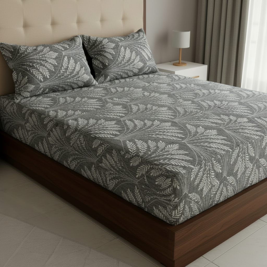 Fitted Elastic Bedsheet Set with 2 Pillow Covers - Grey White Botanical Leaf Queen Size