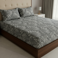 Fitted Elastic Bedsheet Set with 2 Pillow Covers - Grey White Botanical Leaf Queen Size