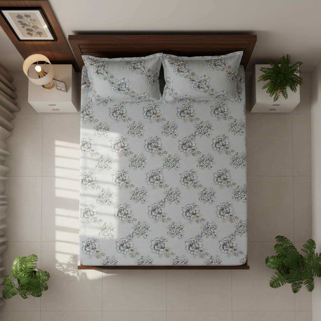 Fitted Elastic Bedsheet Set with 2 Pillow Covers - Grey White Floral Queen Size