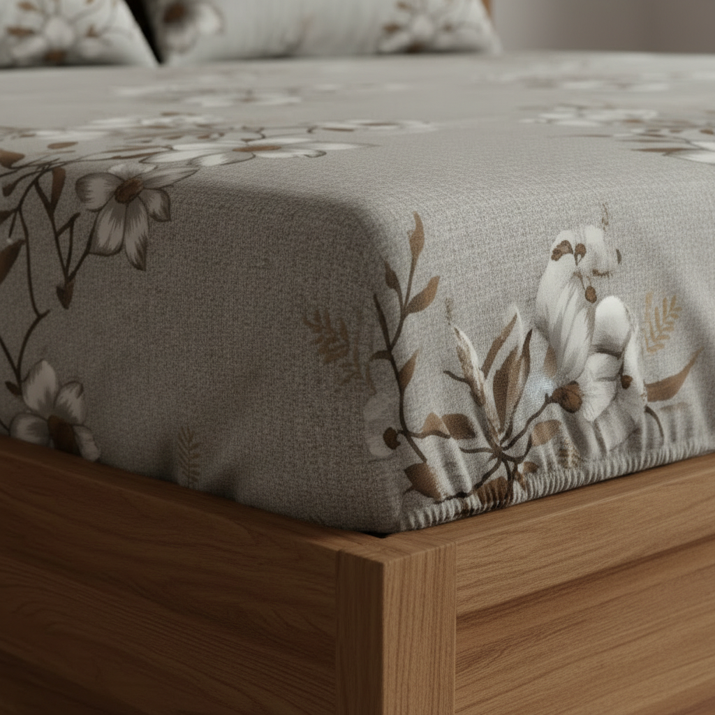 Fitted Elastic Bedsheet Set with 2 Pillow Covers - Grey White Floral Queen Size