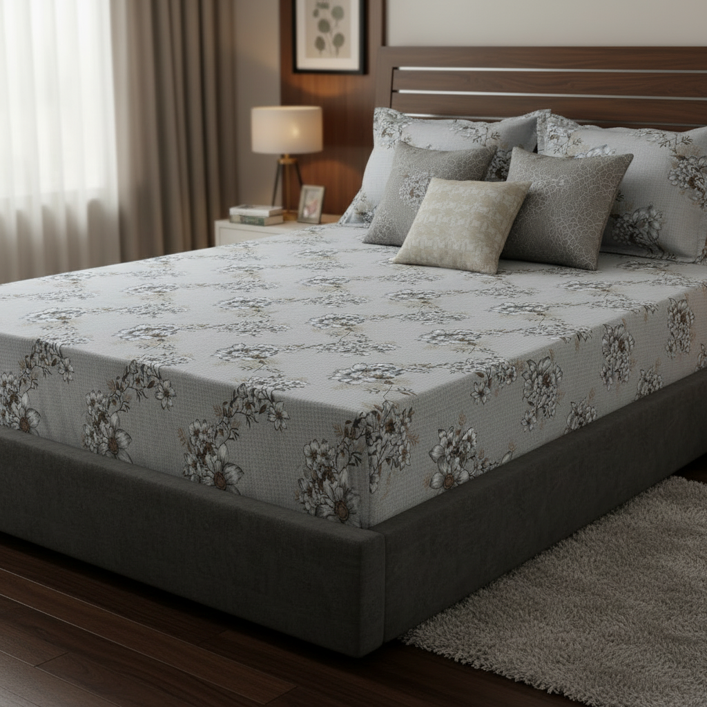 Fitted Elastic Bedsheet Set with 2 Pillow Covers - Grey White Floral Queen Size