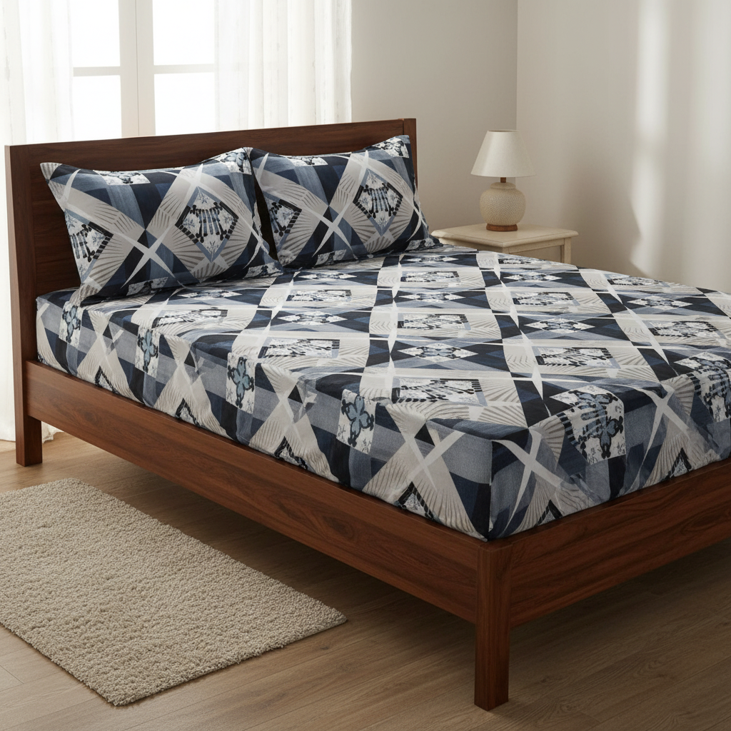 Fitted Elastic Bedsheet Set with 2 Pillow Covers - Geometric Black White Grey Queen Size