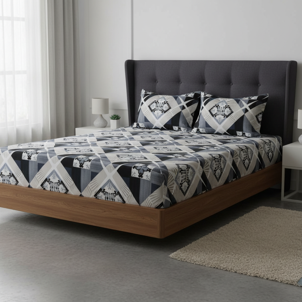 Fitted Elastic Bedsheet Set with 2 Pillow Covers - Geometric Black White Grey Queen Size