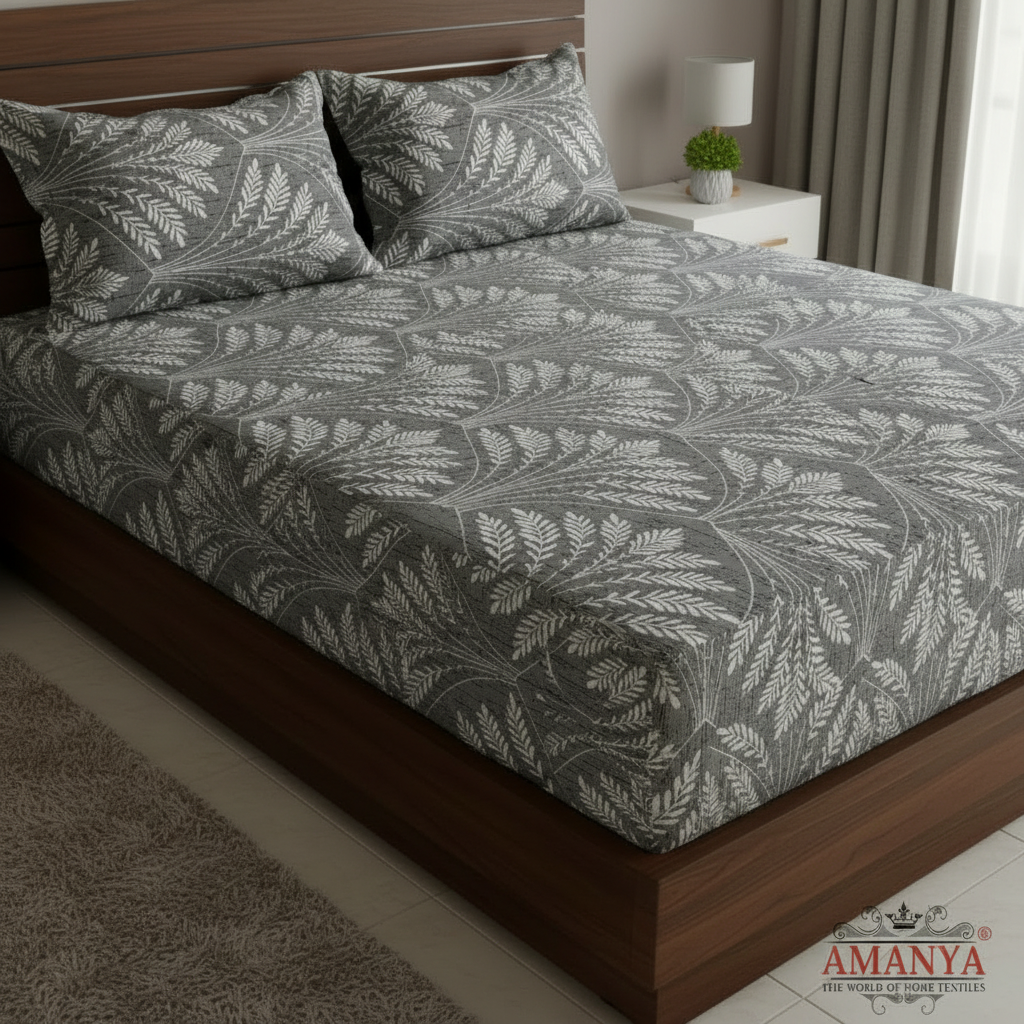 Fitted Elastic Bedsheet Set with 2 Pillow Covers - Grey White Botanical Leaf Queen Size