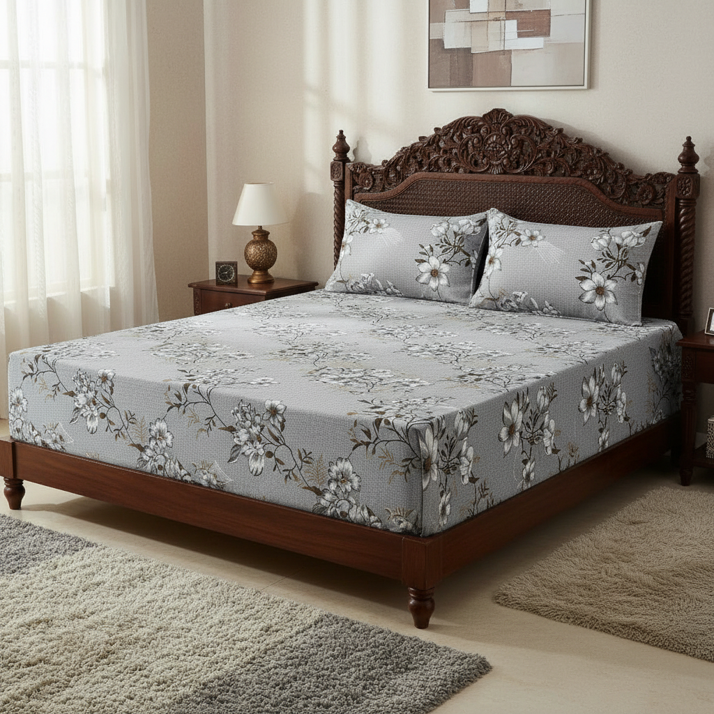 Fitted Elastic Bedsheet Set with 2 Pillow Covers - Grey White Floral Queen Size