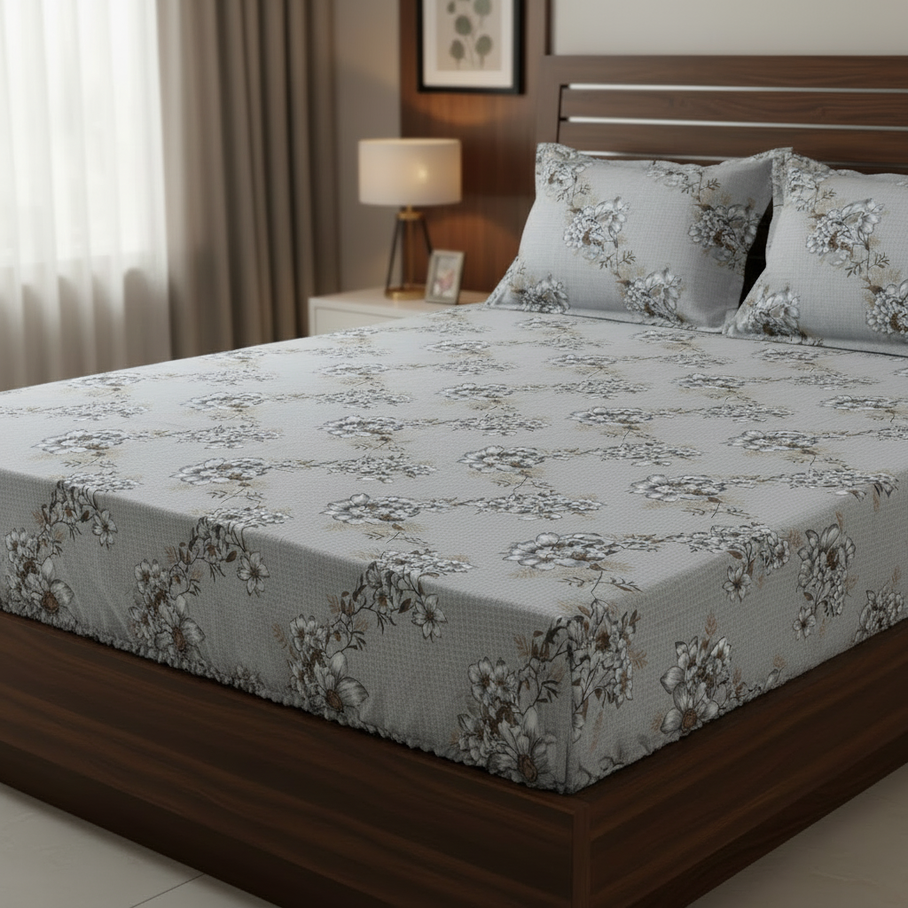 Fitted Elastic Bedsheet Set with 2 Pillow Covers - Grey White Floral Queen Size