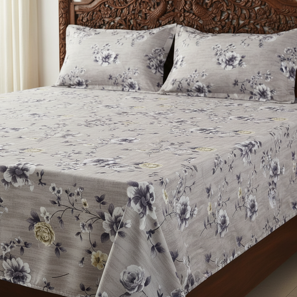 Fitted Elastic Bedsheet Set with 2 Pillow Covers - Grey White Floral Queen Size