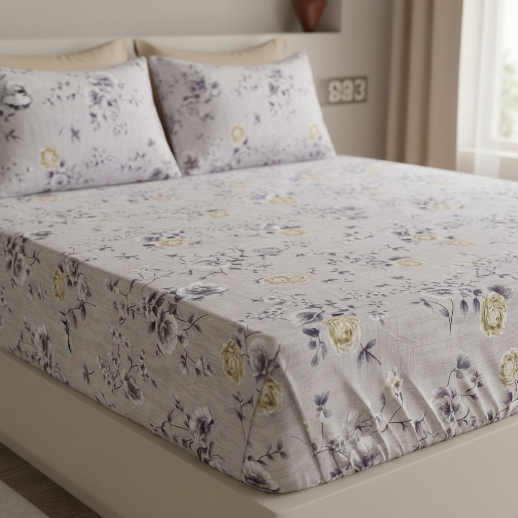 Fitted Elastic Bedsheet Set with 2 Pillow Covers - Grey White Floral Queen Size