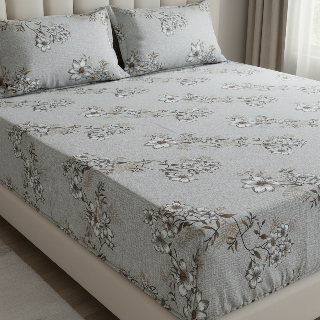 Fitted Elastic Bedsheet Set with 2 Pillow Covers - Grey White Floral Queen Size