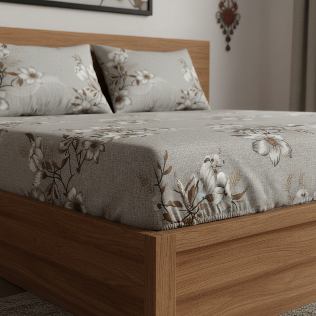 Fitted Elastic Bedsheet Set with 2 Pillow Covers - Grey White Floral Queen Size