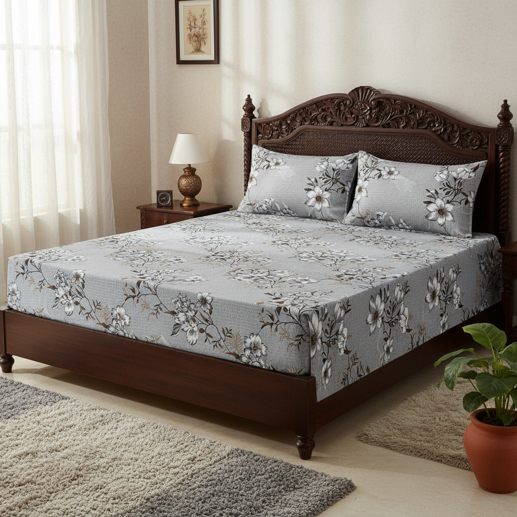 Fitted Elastic Bedsheet Set with 2 Pillow Covers - Grey White Floral Queen Size