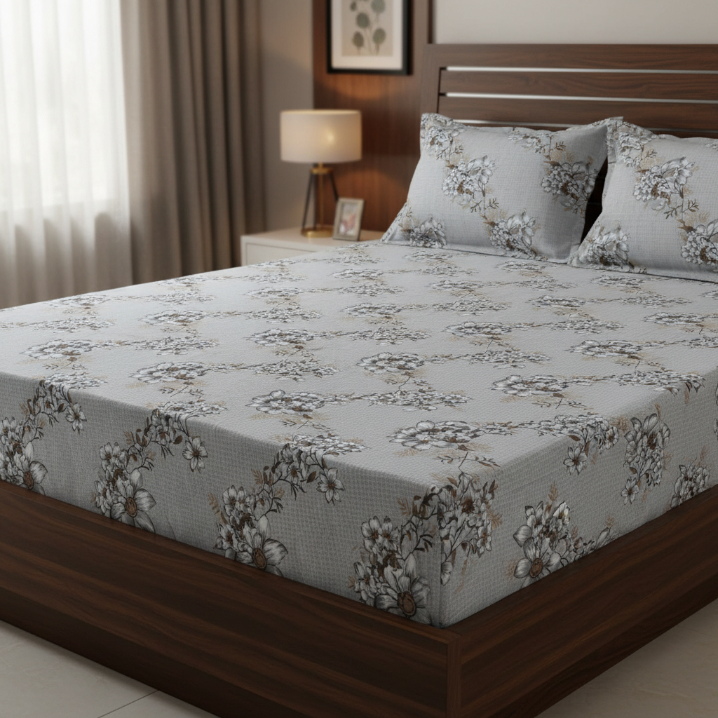 Fitted Elastic Bedsheet Set with 2 Pillow Covers - Grey White Floral Queen Size