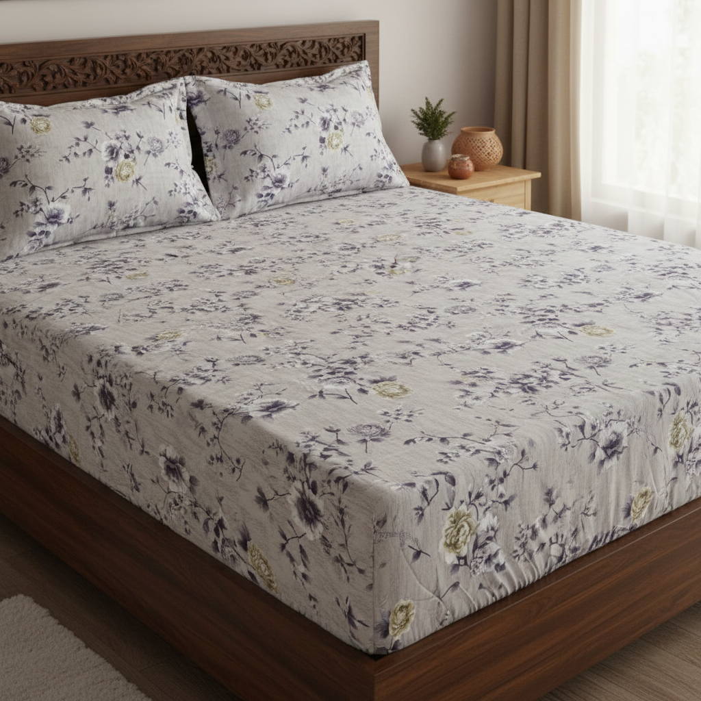 Fitted Elastic Bedsheet Set with 2 Pillow Covers - Grey White Floral Queen Size