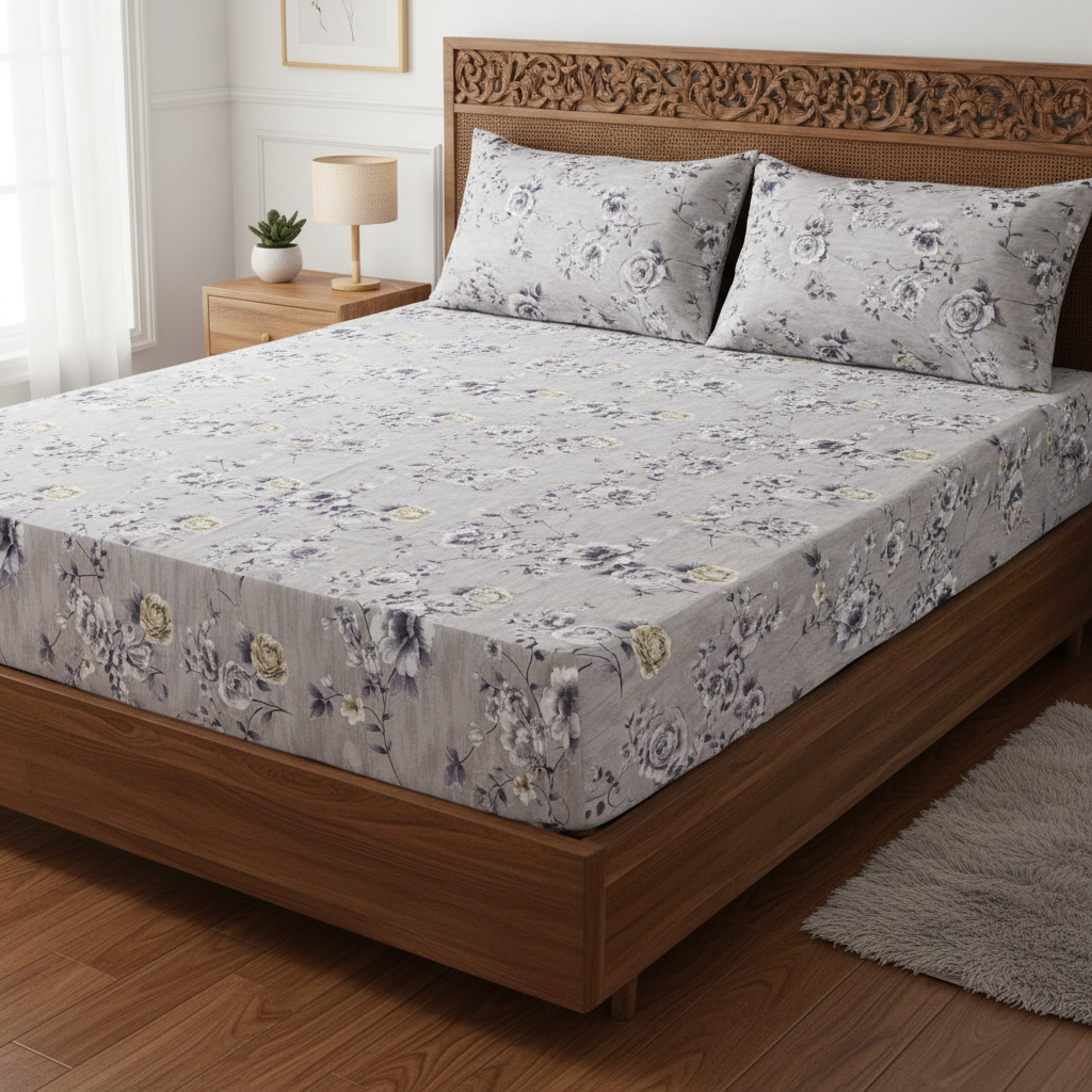 Fitted Elastic Bedsheet Set with 2 Pillow Covers - Grey White Floral Queen Size