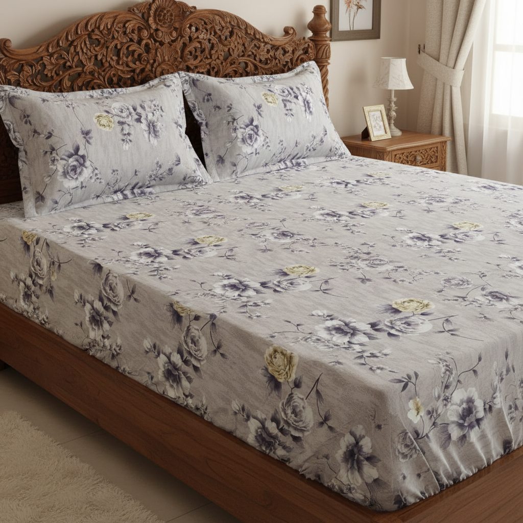 Fitted Elastic Bedsheet Set with 2 Pillow Covers - Grey White Floral Queen Size