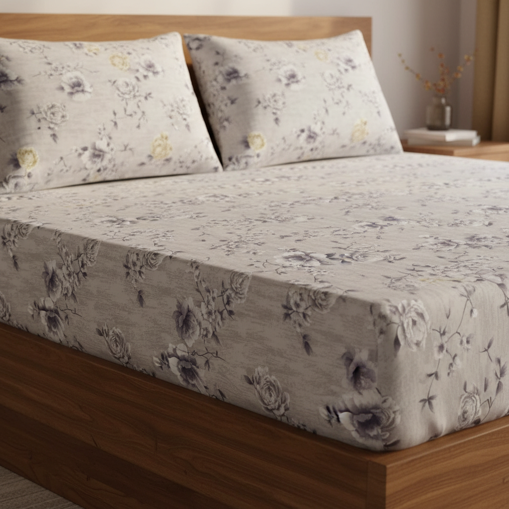 Fitted Elastic Bedsheet Set with 2 Pillow Covers - Grey White Floral Queen Size