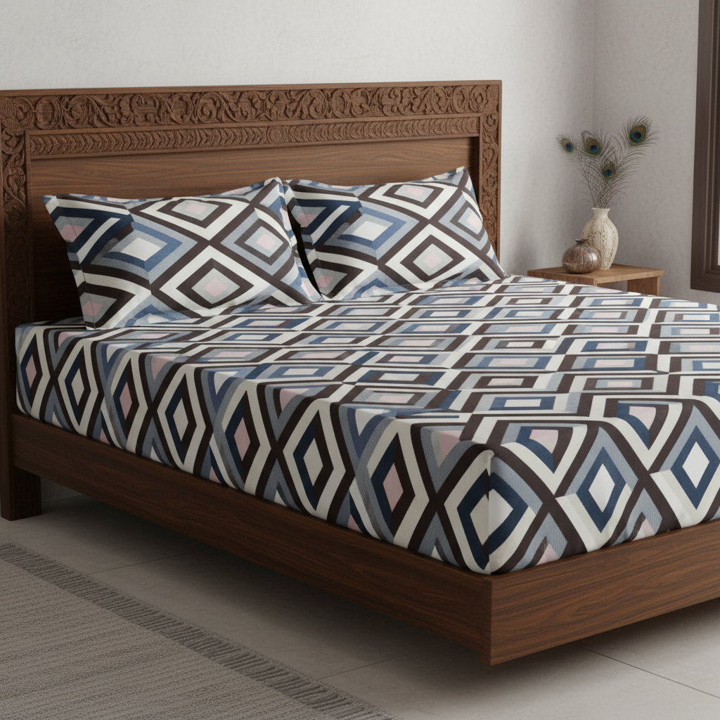 Fitted Elastic Queen Bedsheet with 2 Pillow Covers - Diamond Black White Blue Pin