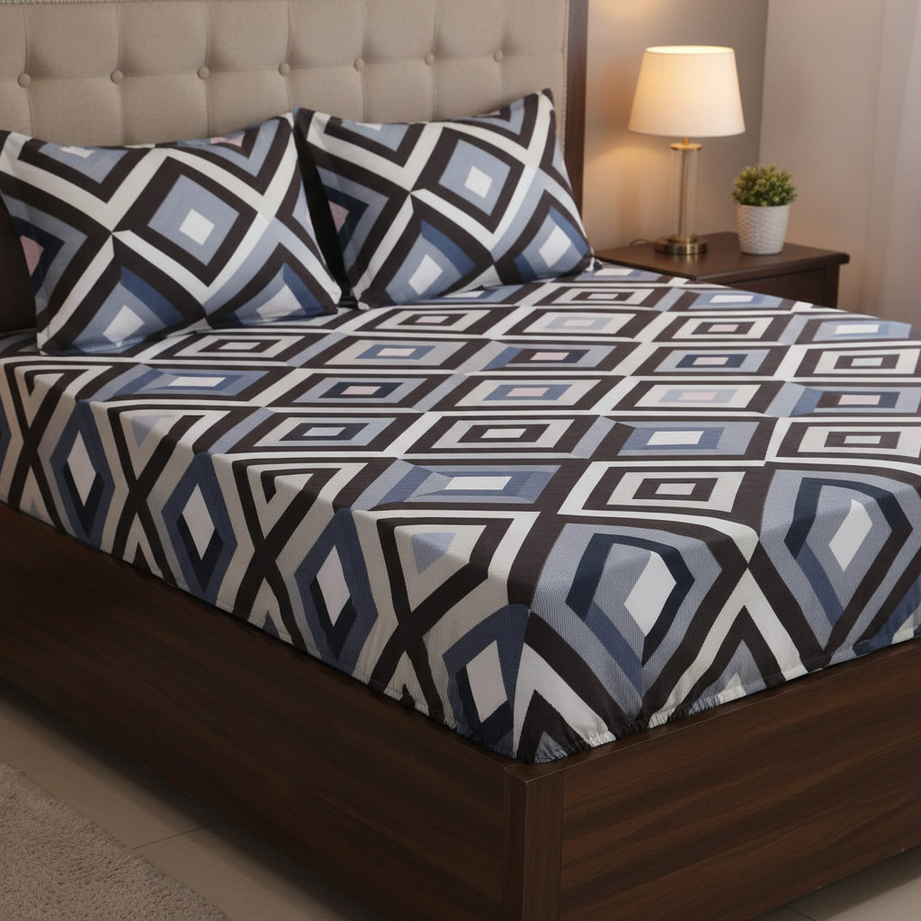 Fitted Elastic Queen Bedsheet with 2 Pillow Covers - Diamond Black White Blue Pin