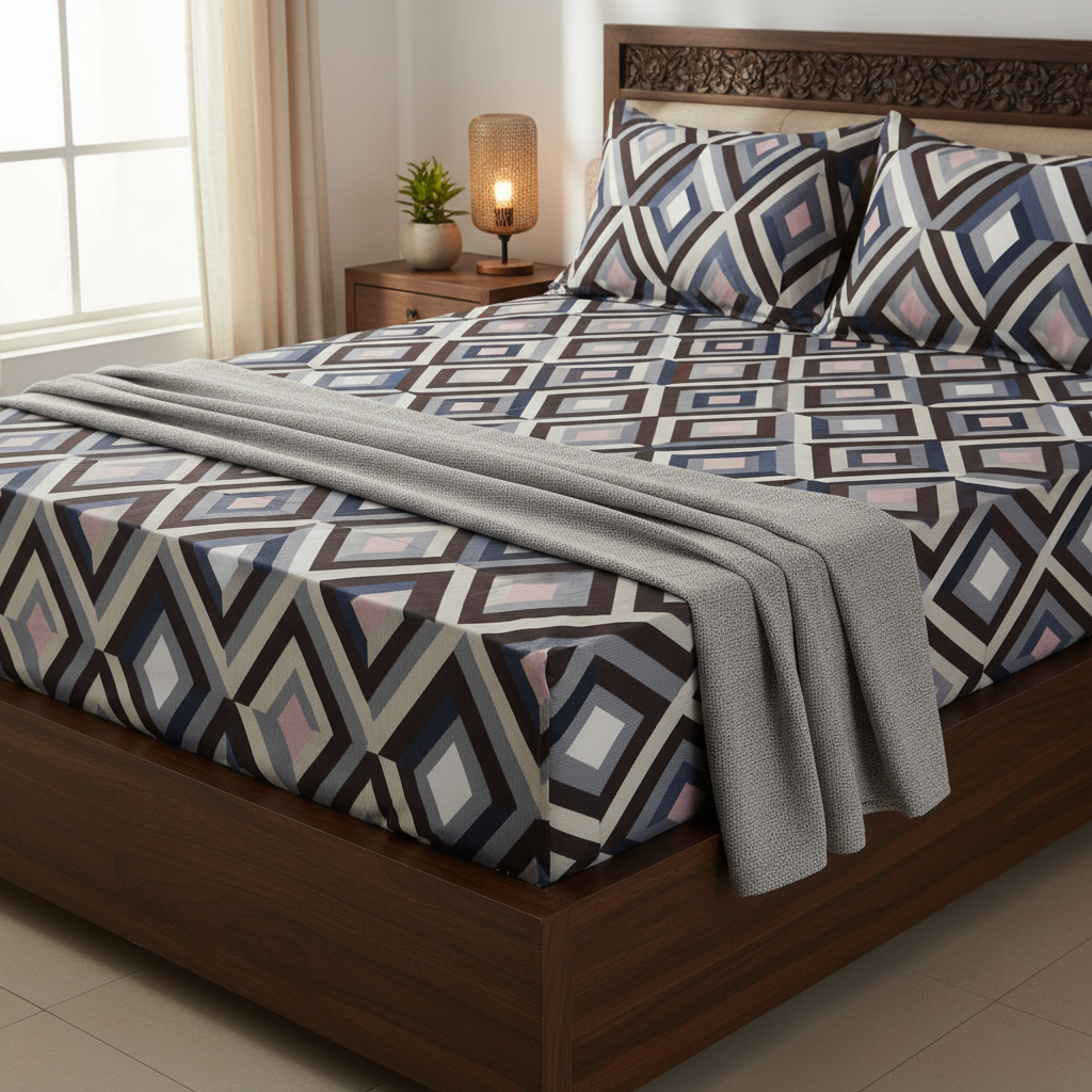 Fitted Elastic Queen Bedsheet with 2 Pillow Covers - Diamond Black White Blue Pin