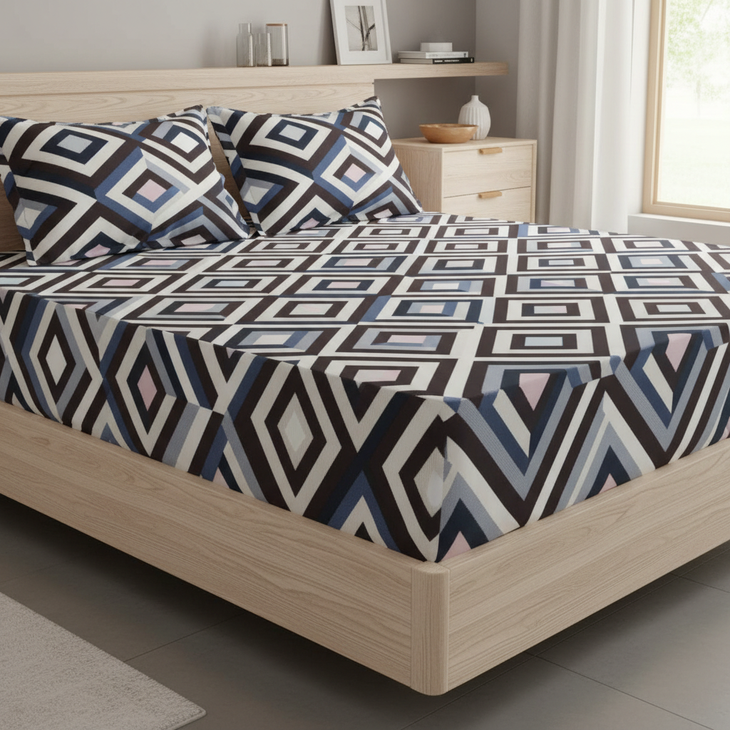 Fitted Elastic Queen Bedsheet with 2 Pillow Covers - Diamond Black White Blue Pin