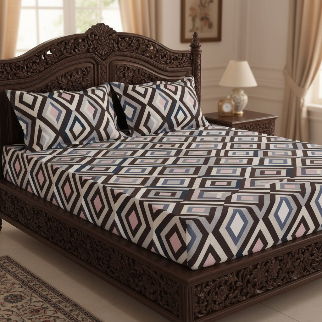 Fitted Elastic Queen Bedsheet with 2 Pillow Covers - Diamond Black White Blue Pin