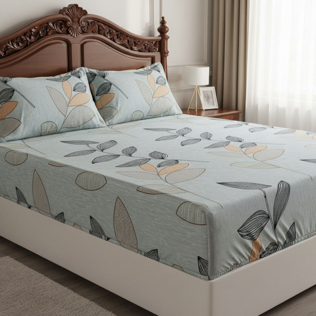 Fitted Elastic Queen Bedsheet with 2 Pillow Covers - Elegant Leaf Grey Beige Black