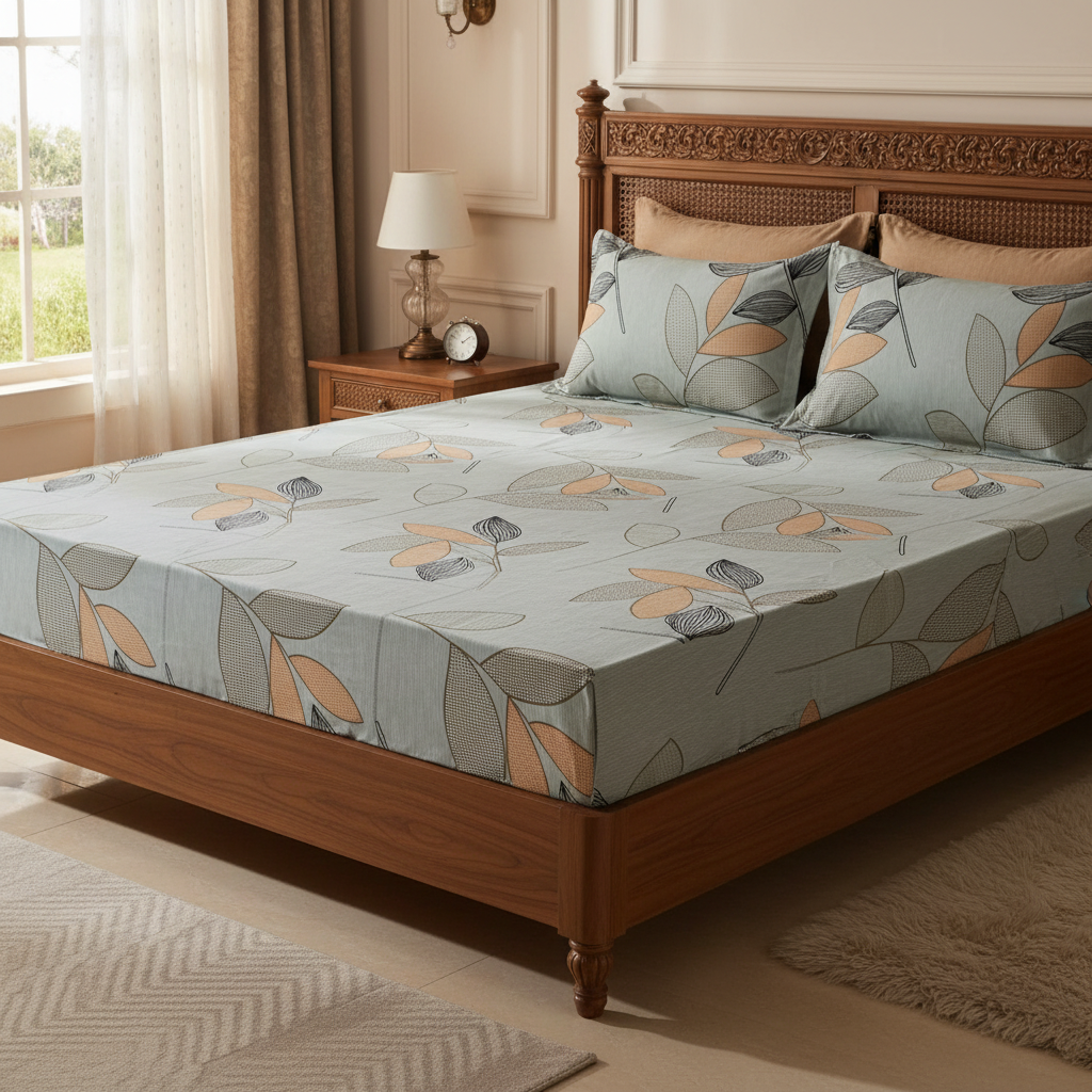 Fitted Elastic Queen Bedsheet with 2 Pillow Covers - Elegant Leaf Grey Beige Black