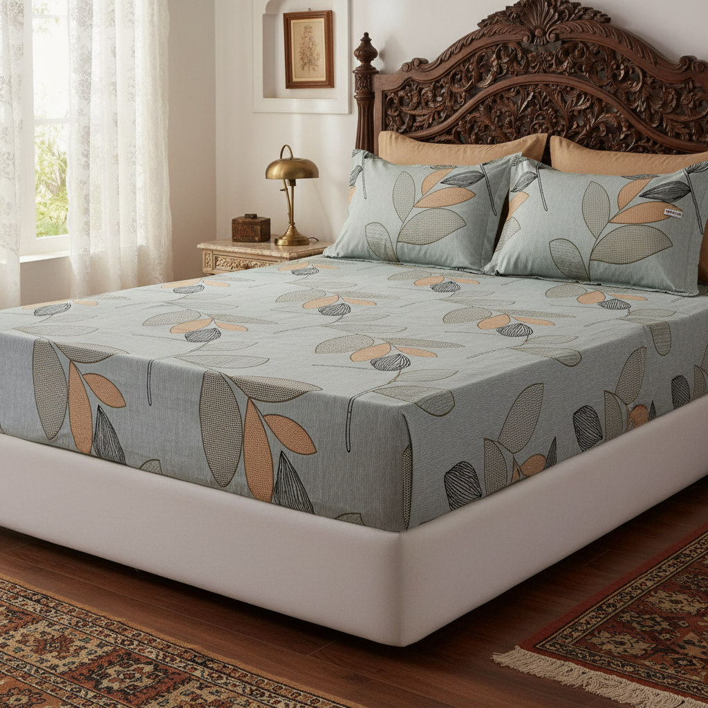 Fitted Elastic Queen Bedsheet with 2 Pillow Covers - Elegant Leaf Grey Beige Black