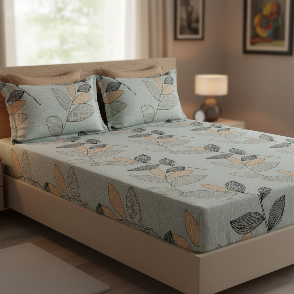 Fitted Elastic Queen Bedsheet with 2 Pillow Covers - Elegant Leaf Grey Beige Black