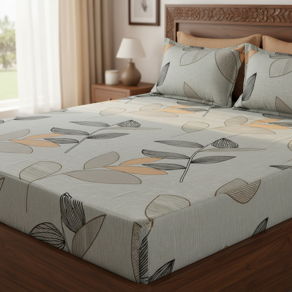 Fitted Elastic Queen Bedsheet with 2 Pillow Covers - Elegant Leaf Grey Beige Black