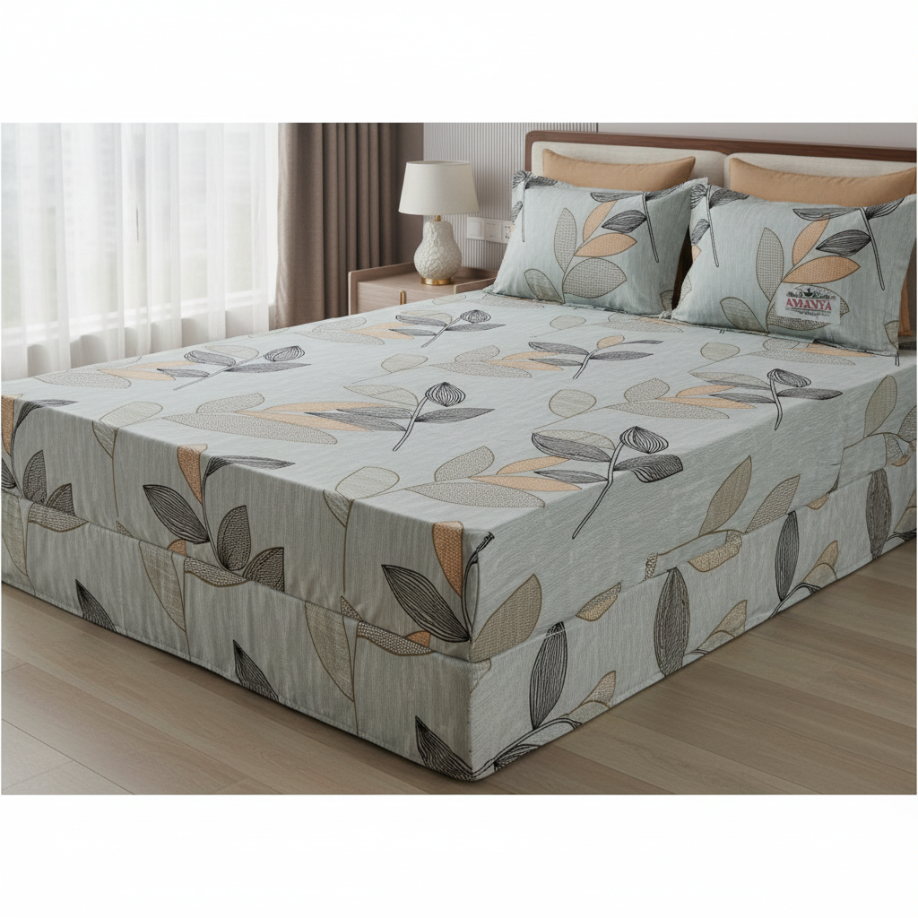 Fitted Elastic Queen Bedsheet with 2 Pillow Covers - Elegant Leaf Grey Beige Black